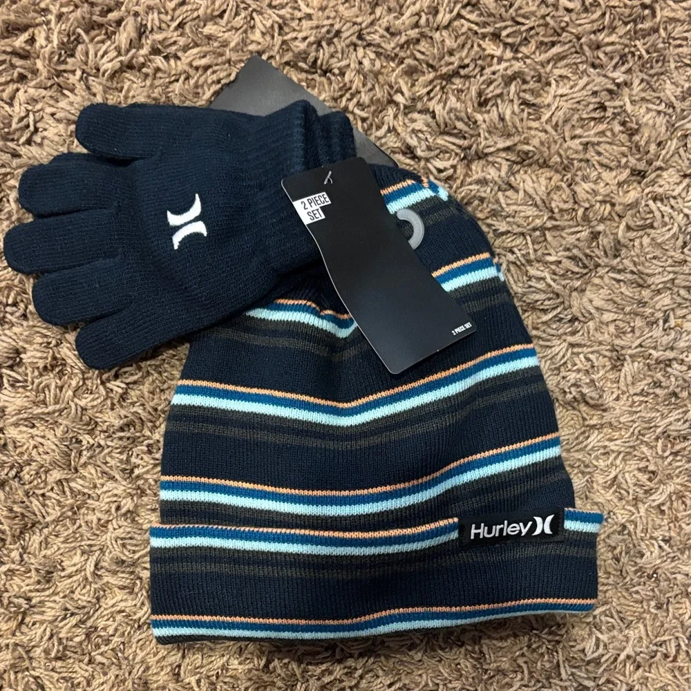 Hurley Navy and Orange Striped Beanie and Gloves